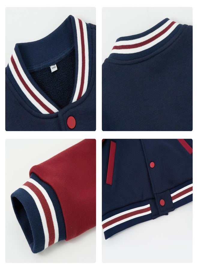 Volunboy Kids Baseball Jackets Boys Varsity Coats Button Down Patchwork Fall Winter Fleece Bomber Outerwear (Navy, 3-4T) - Image 4